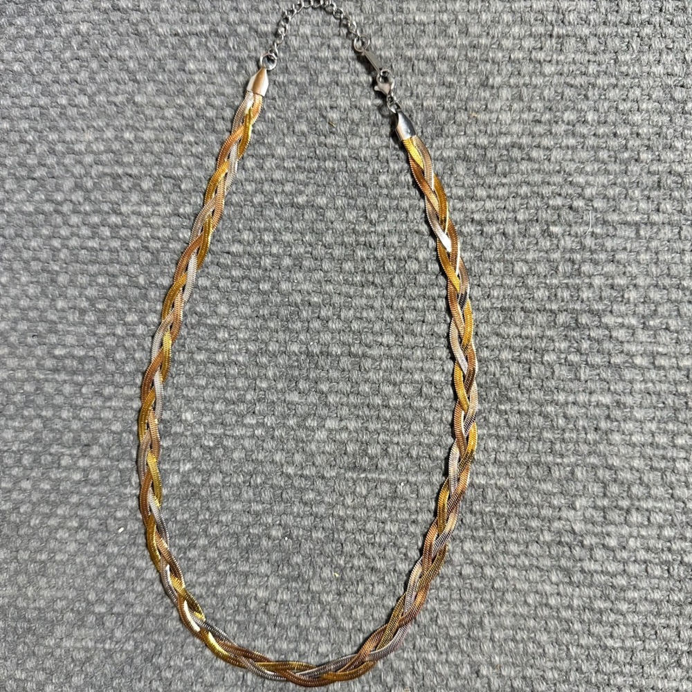 Stainless Steel Braided Tricolor Herringbone Necklace Mixed Metal 16-18 Inch